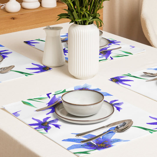 Indigo Bloom — Fine Art Polyester Placemats with Purple Floral Watercolor Print — 4-Pc Set #PSFL-1304