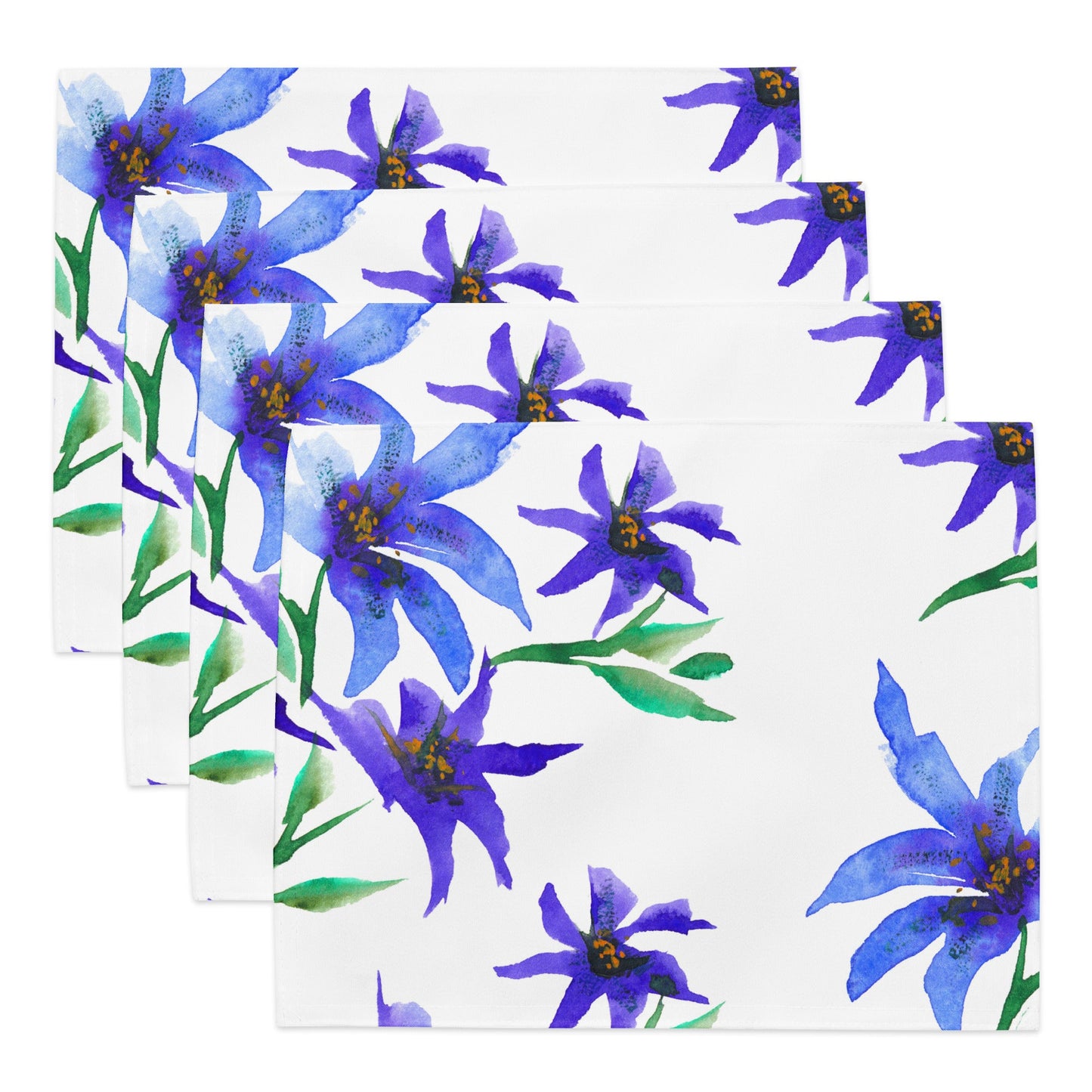 Indigo Bloom — Fine Art Polyester Placemats with Purple Floral Watercolor Print — 4-Pc Set #PSFL-1304