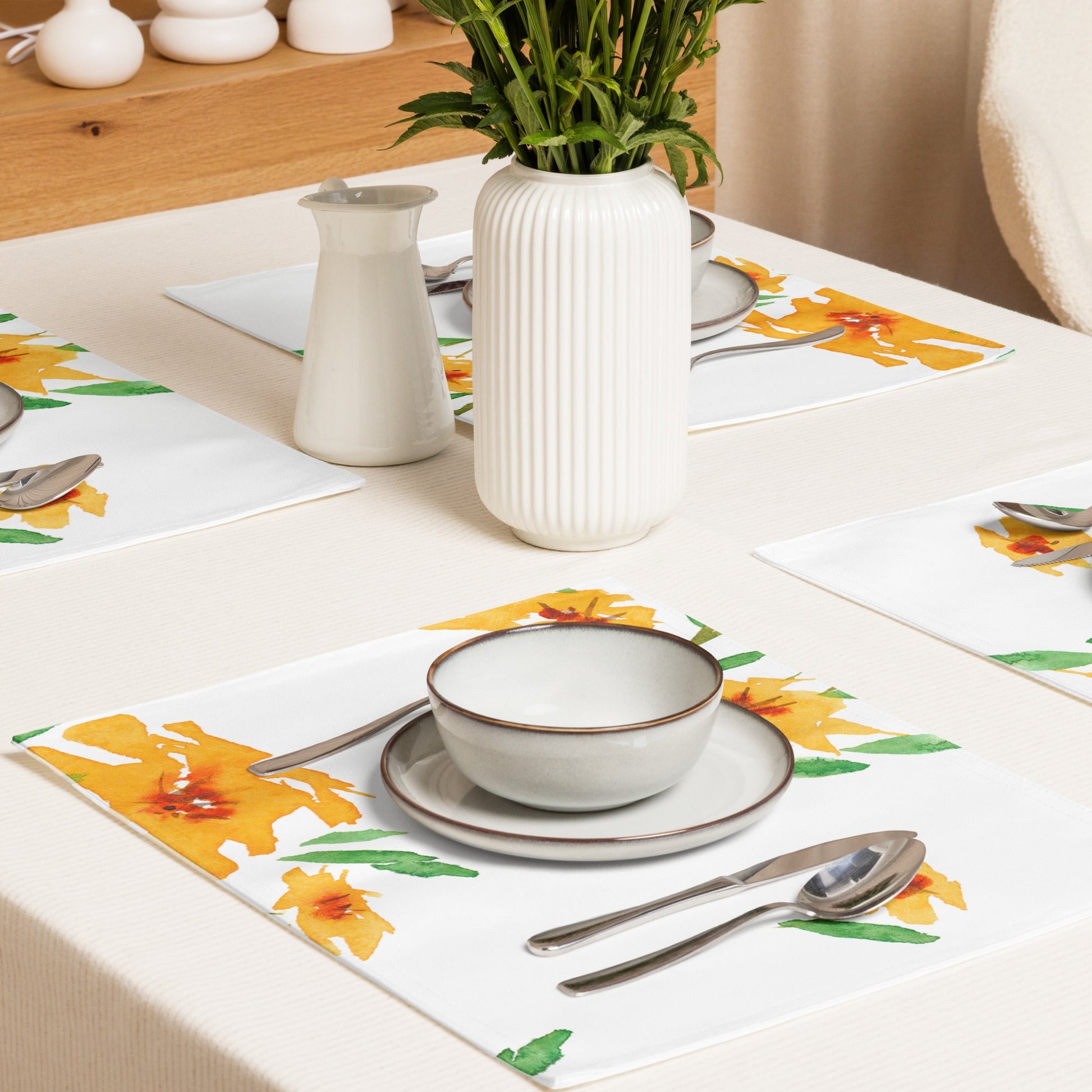 Saffron Garden — Fine Art Polyester Placemats with Yellow-orange Floral Watercolor Print — 4-Pc Set #PSFL-1314