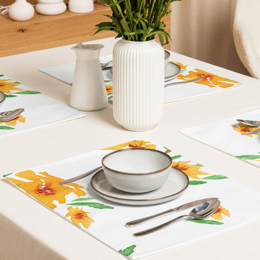 Saffron Garden — Fine Art Polyester Placemats with Yellow-orange Floral Watercolor Print — 4-Pc Set #PSFL-1314