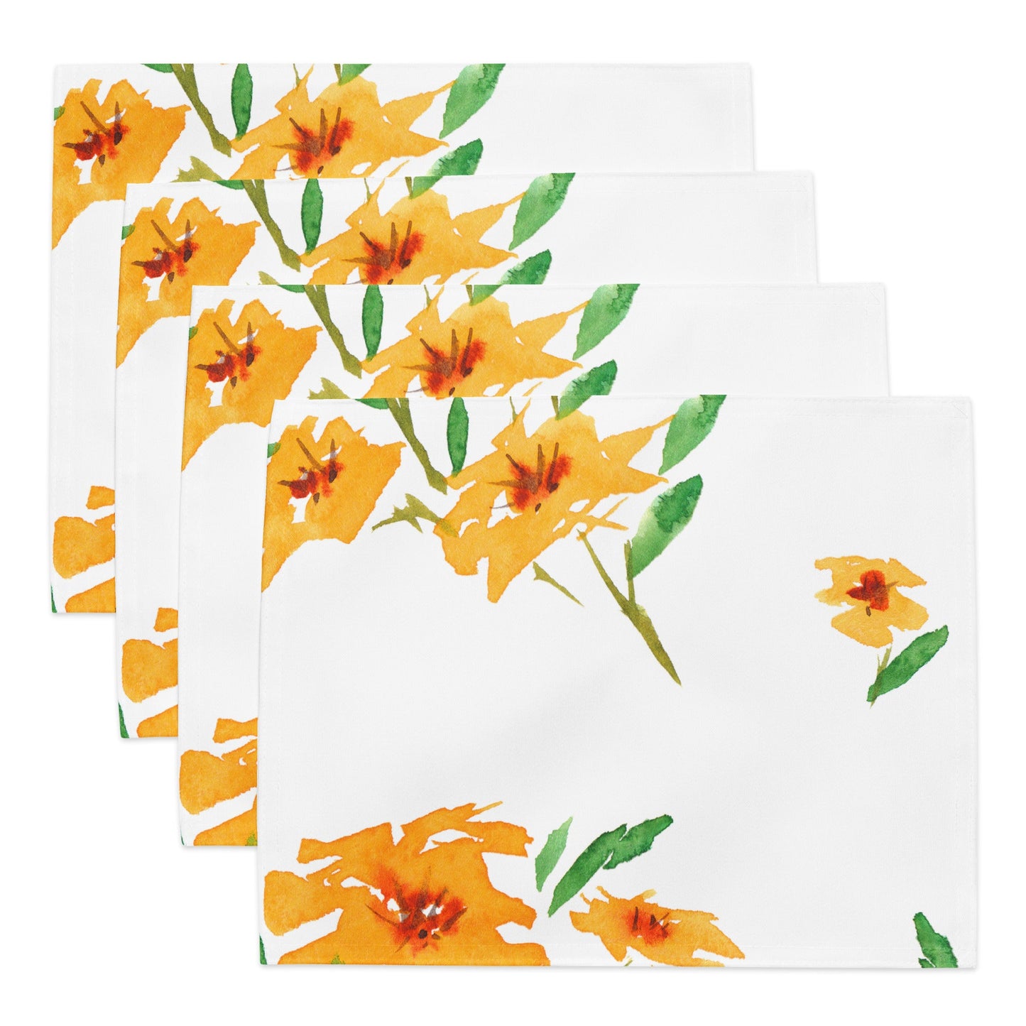Saffron Garden — Fine Art Polyester Placemats with Yellow-orange Floral Watercolor Print — 4-Pc Set #PSFL-1314