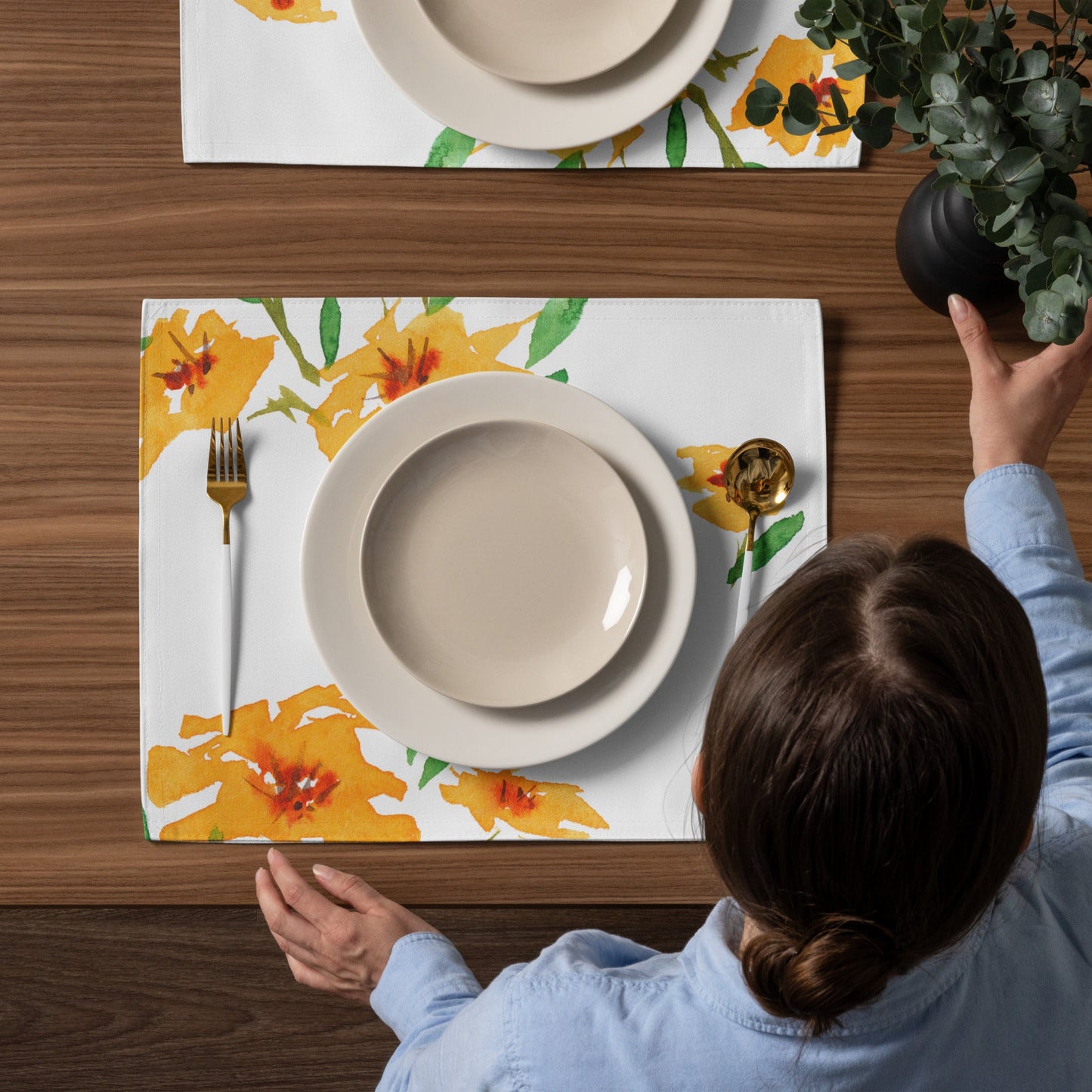 Saffron Garden — Fine Art Polyester Placemats with Yellow-orange Floral Watercolor Print — 4-Pc Set #PSFL-1314