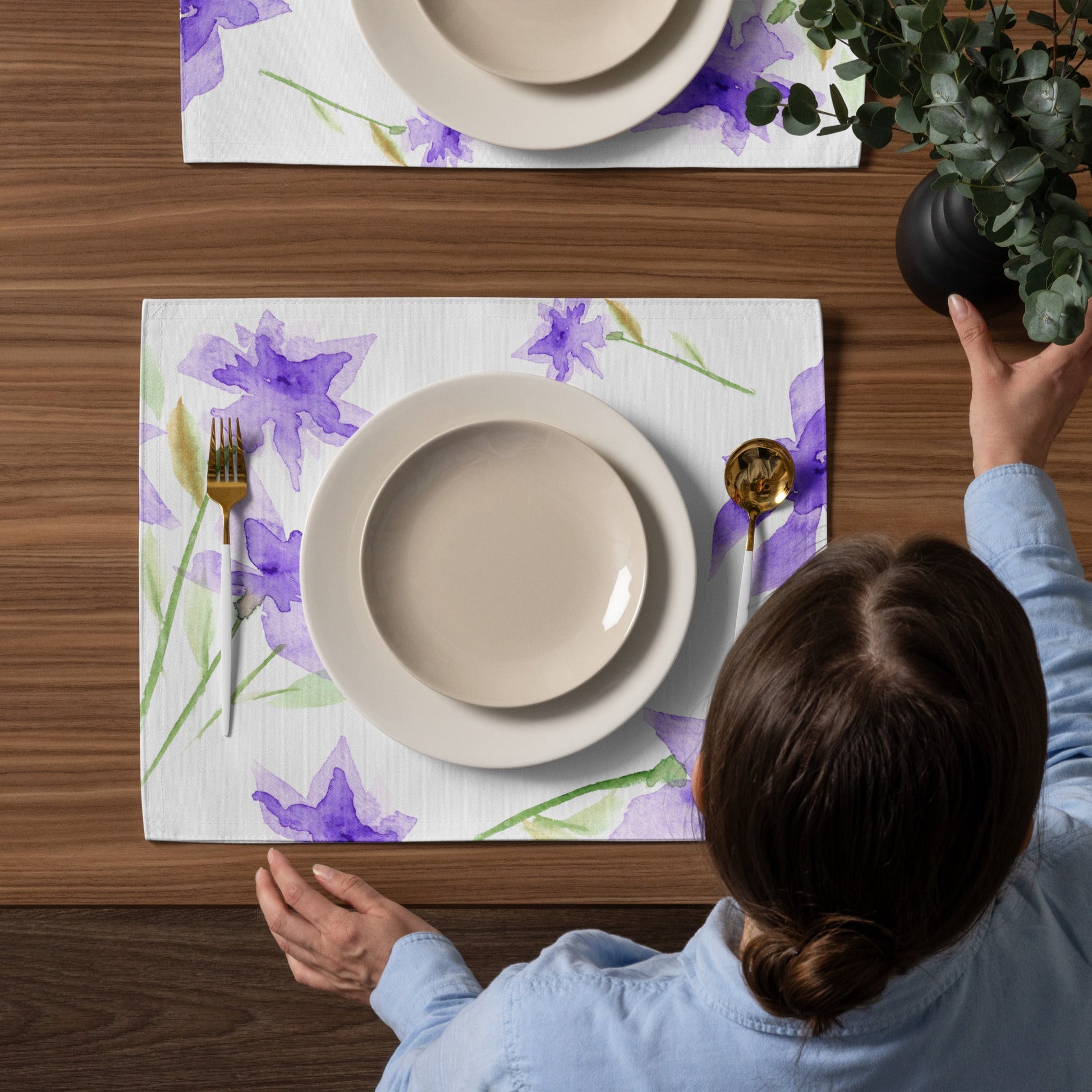 Soft Purple Bloom — Fine Art Polyester Placemats with Red Floral Watercolor Print— 4-Pc Set #PSFL-1324