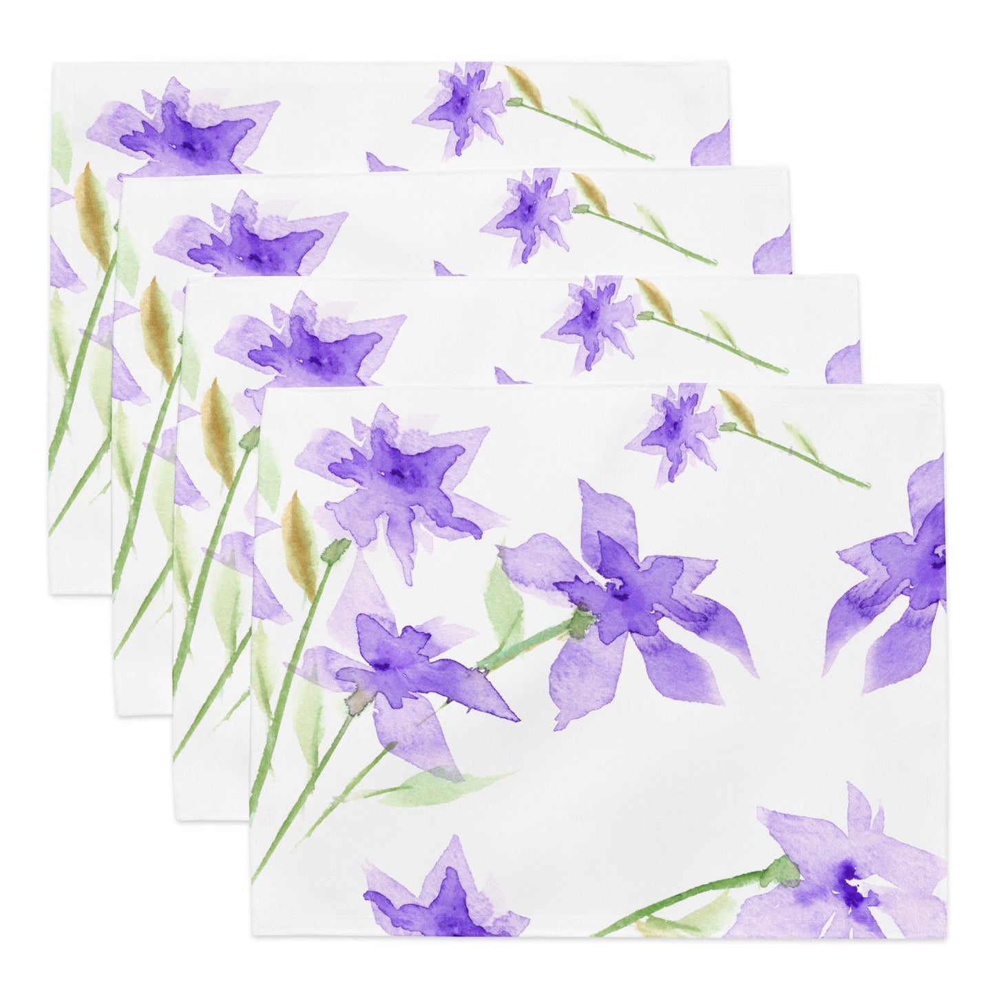 Soft Purple Bloom — Fine Art Polyester Placemats with Red Floral Watercolor Print— 4-Pc Set #PSFL-1324