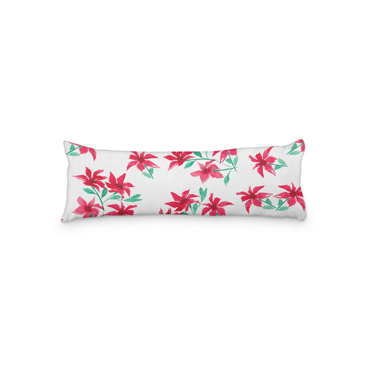 White Microfiber Body Pillow with Large Red Floral Print, MFBP-1334, 20 x 54 inches