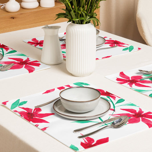 Scarlet Bloom — Fine Art Polyester Placemats with Red Floral Watercolor Print— 4-Pc Set #PSFL-1334