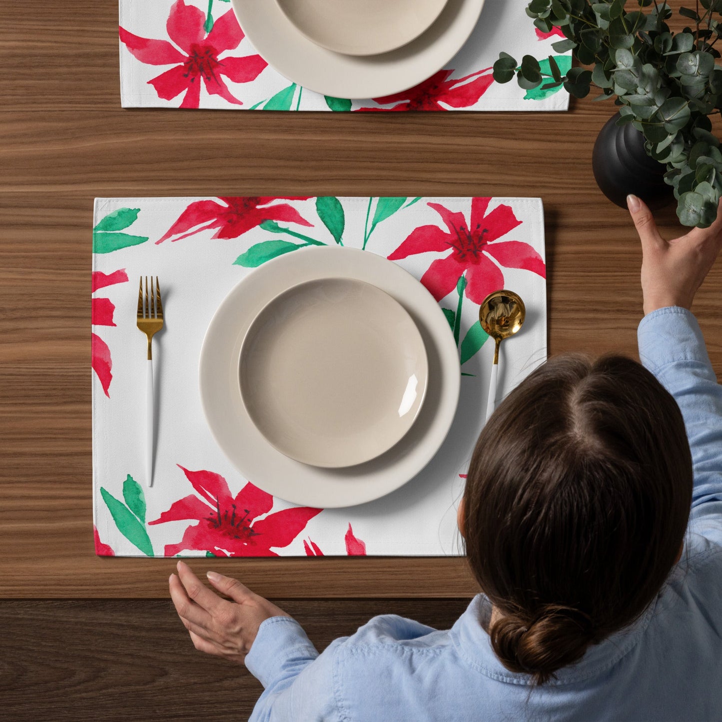 Scarlet Bloom — Fine Art Polyester Placemats with Red Floral Watercolor Print— 4-Pc Set #PSFL-1334