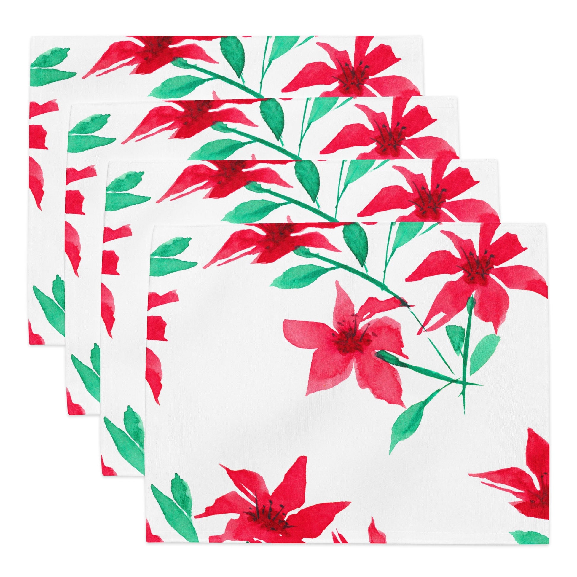 Scarlet Bloom — Fine Art Polyester Placemats with Red Floral Watercolor Print— 4-Pc Set #PSFL-1334