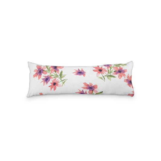 White Microfiber Body Pillow with Large Pink Floral Print, MFBP-1344, 20 x 54 inches