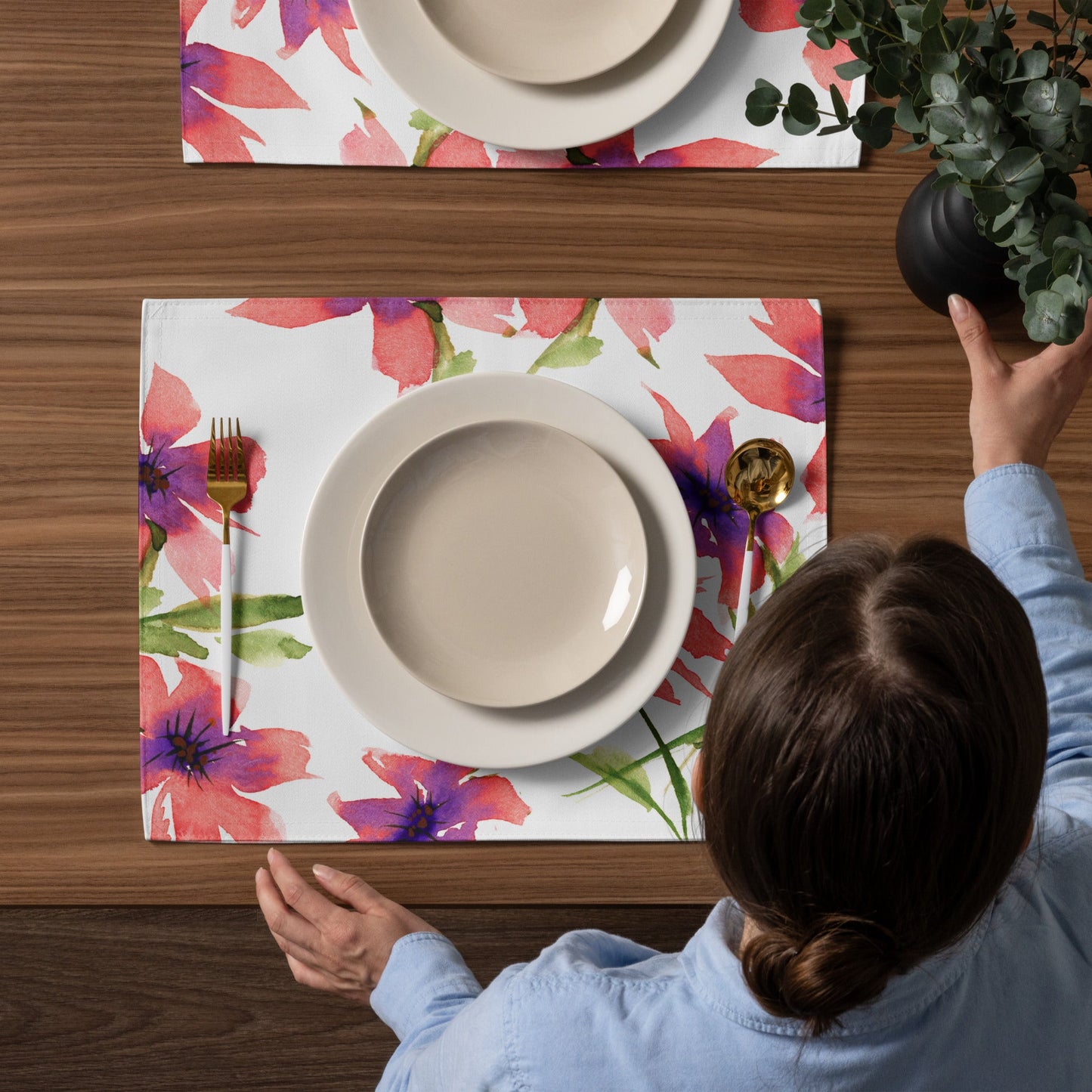 Coral Bloom — Fine Art Polyester Placemats with Pink Floral Watercolor Print — 4-Pc Set #PSFL-1344