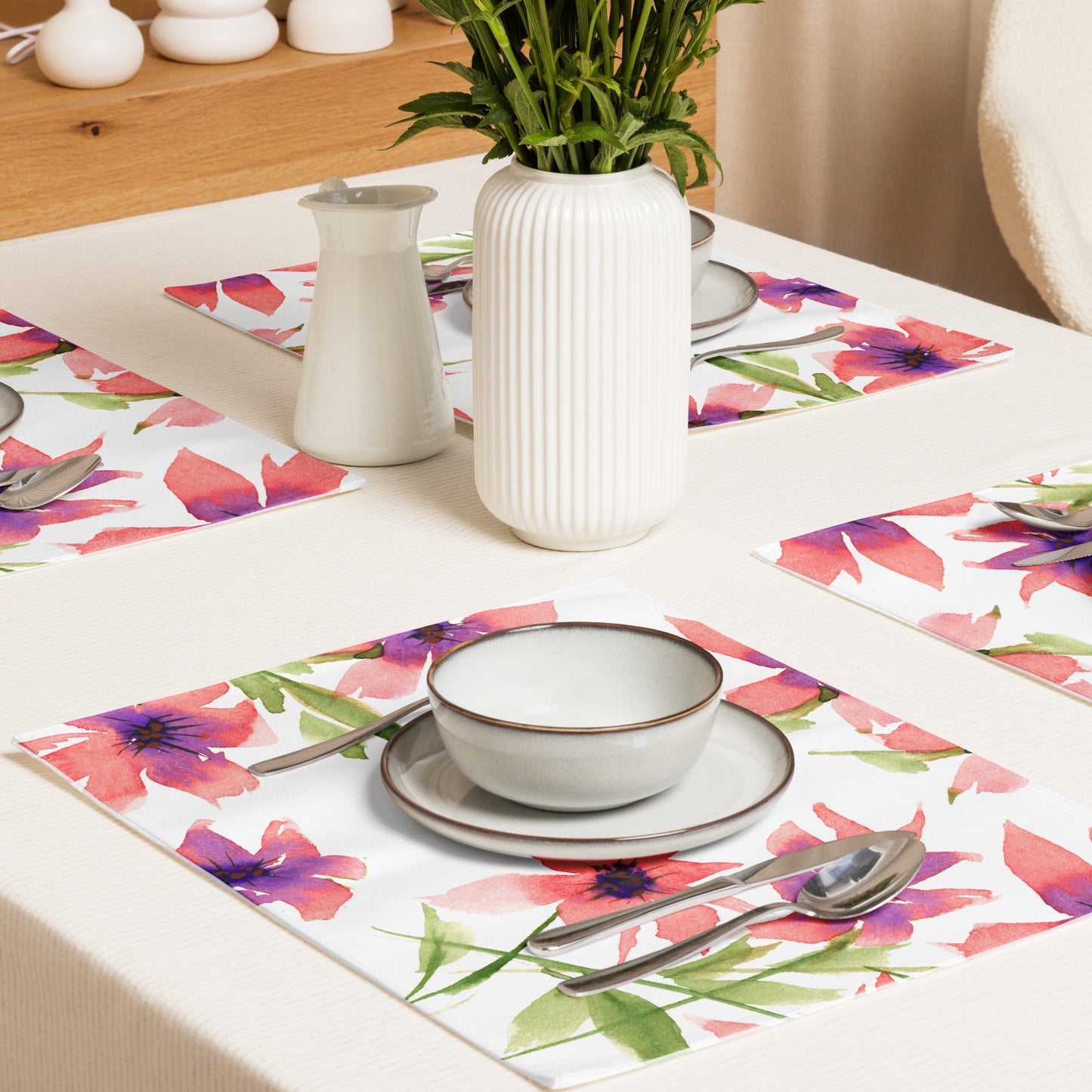 Coral Bloom — Fine Art Polyester Placemats with Pink Floral Watercolor Print — 4-Pc Set #PSFL-1344