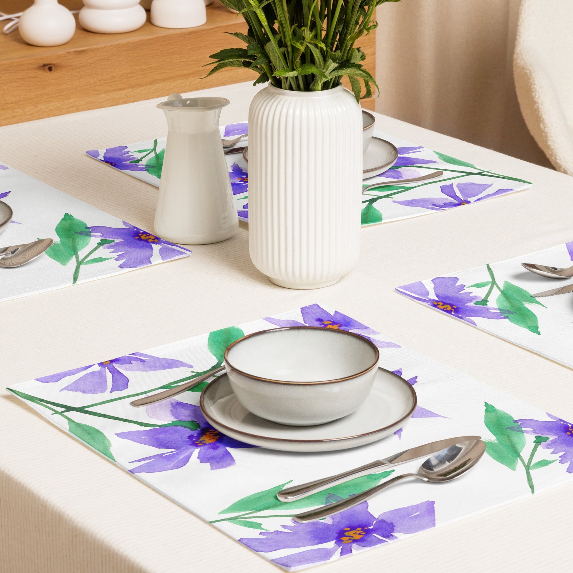 Purple Bloom — Fine Art Polyester Placemats with Purple Floral Watercolor Print — 4-Pc Set #PSFL-1354