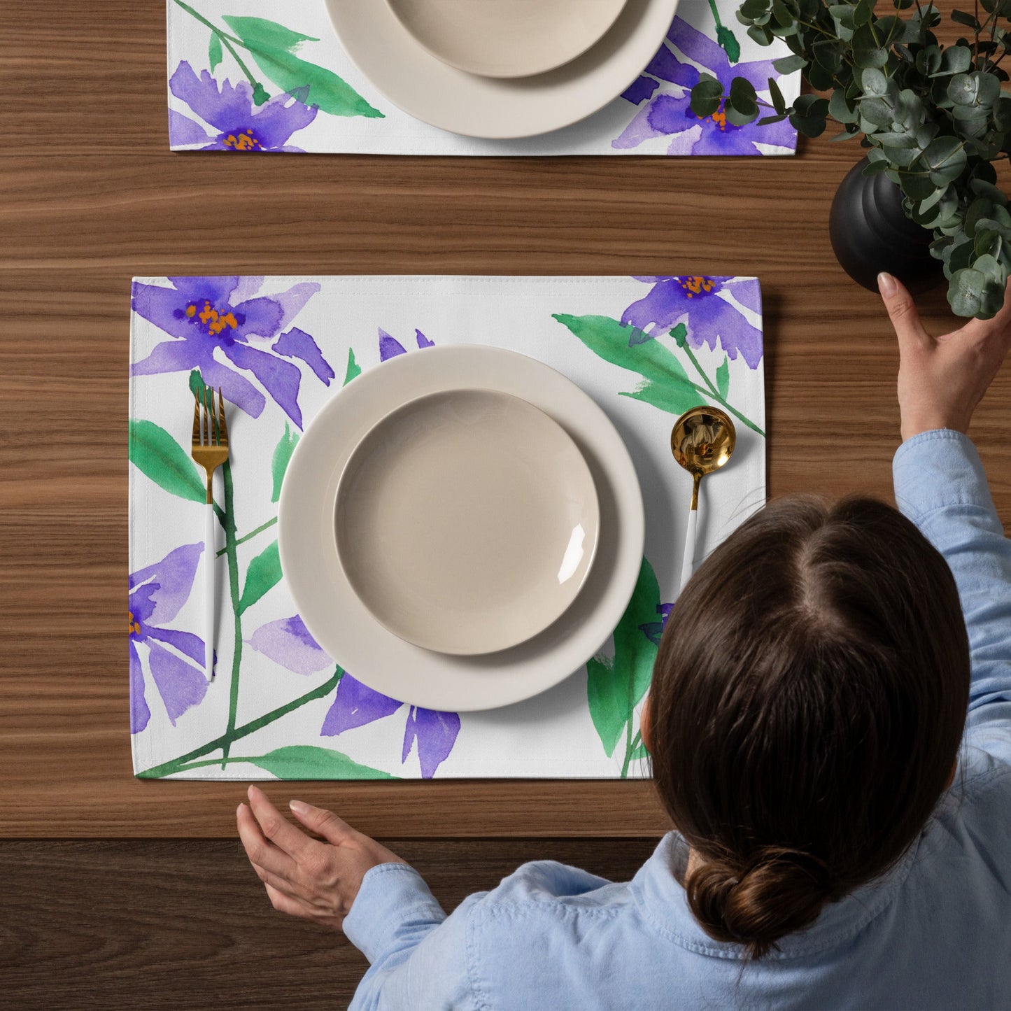 Purple Bloom — Fine Art Polyester Placemats with Purple Floral Watercolor Print — 4-Pc Set #PSFL-1354