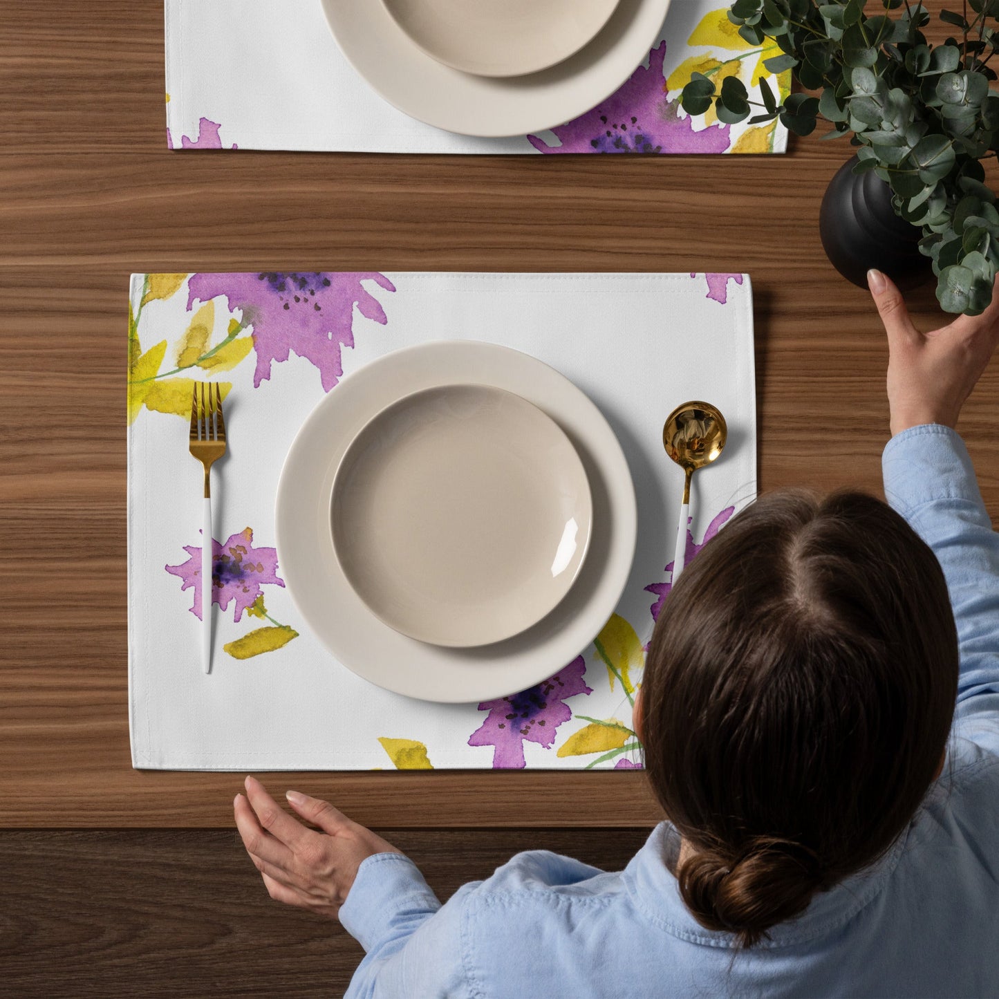 Mauve Bloom — Fine Art Polyester Placemats with Mauve Floral Watercolor Print — 4-Pc Set #PSFL-1364
