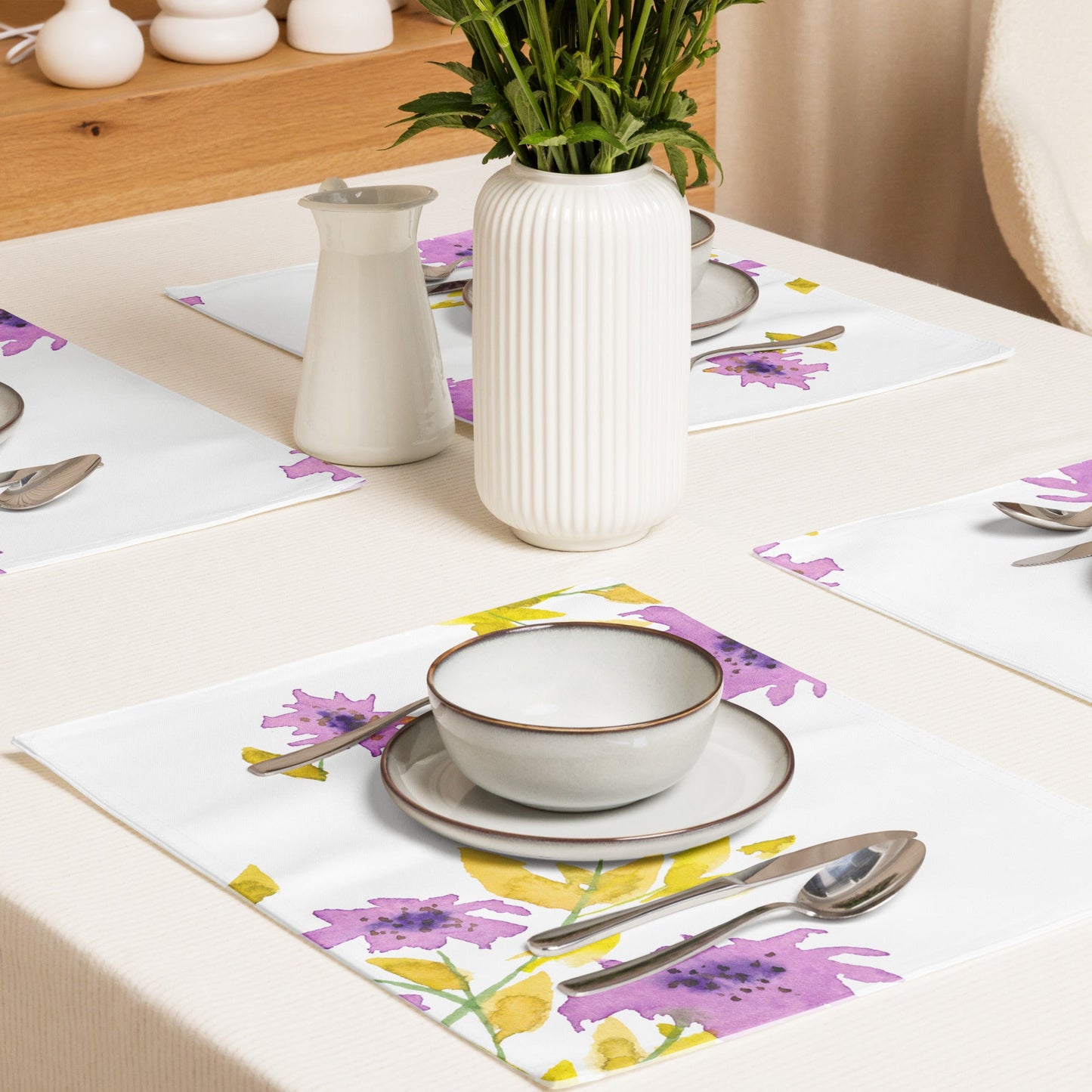 Mauve Bloom — Fine Art Polyester Placemats with Mauve Floral Watercolor Print — 4-Pc Set #PSFL-1364