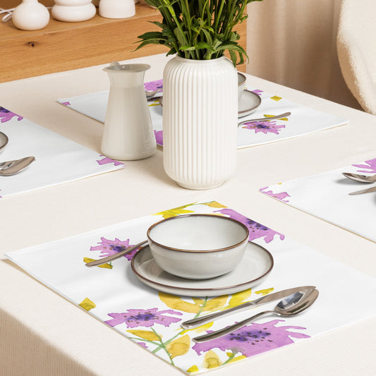 Mauve Bloom — Fine Art Polyester Placemats with Mauve Floral Watercolor Print — 4-Pc Set #PSFL-1364