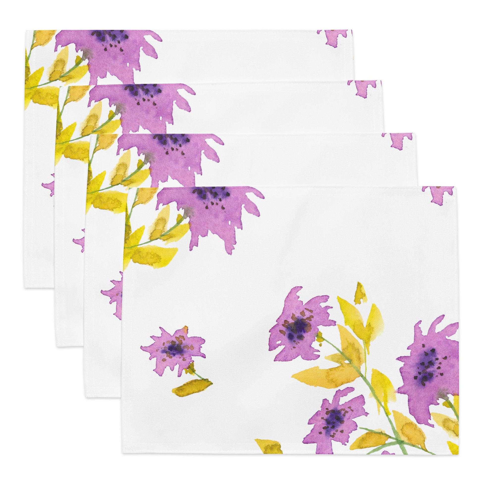 Mauve Bloom — Fine Art Polyester Placemats with Mauve Floral Watercolor Print — 4-Pc Set #PSFL-1364