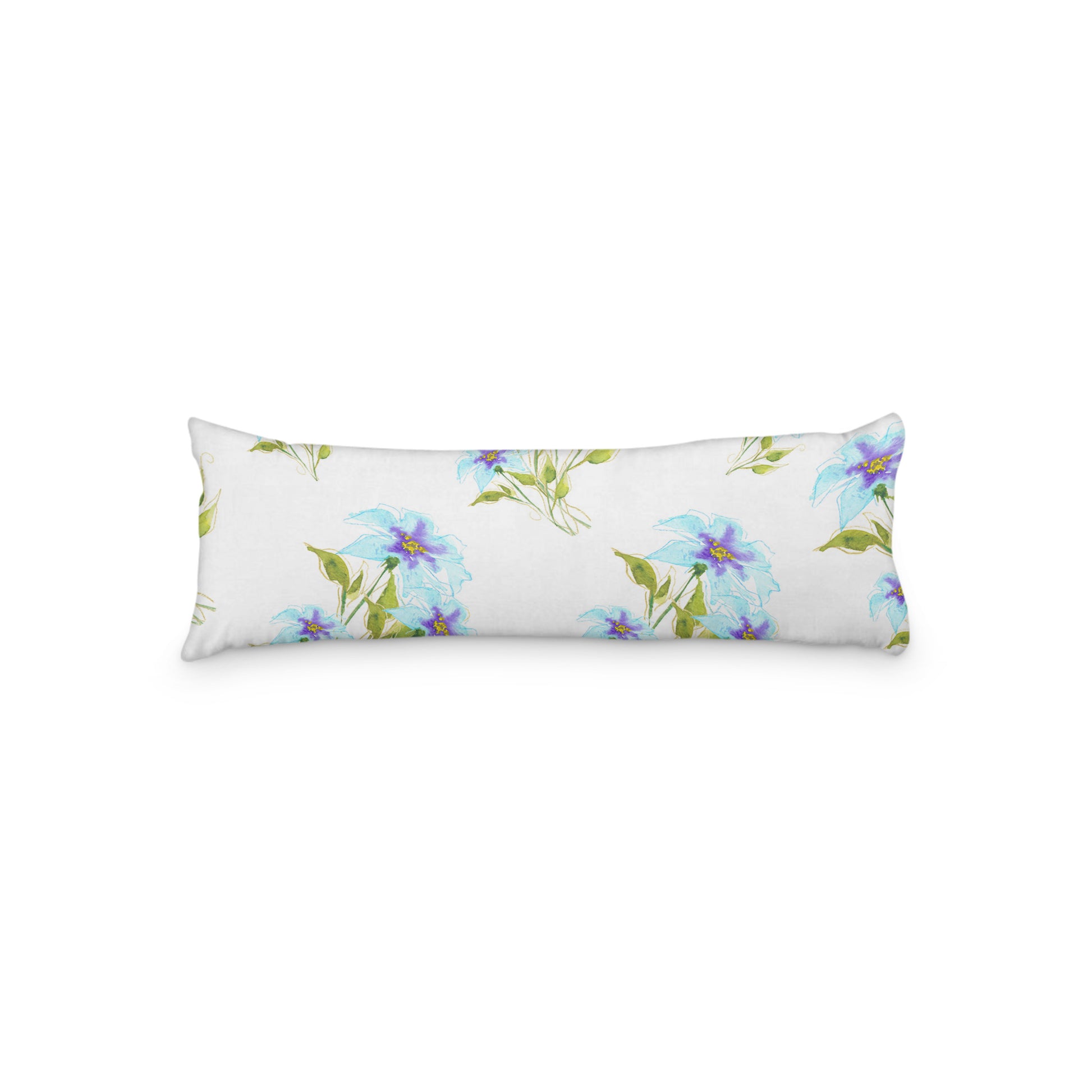 White Microfiber Body Pillow with Large Blue Floral Print, MFBP-1374, 20 x 54 inches
