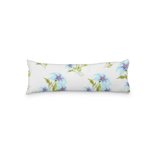White Microfiber Body Pillow with Large Blue Floral Print, MFBP-1374, 20 x 54 inches