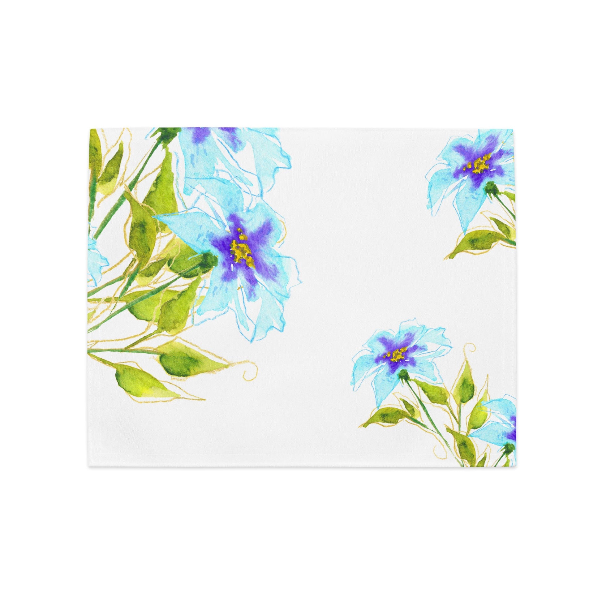 Aqua Bloom — Fine Art Polyester Placemats with Blue Floral Watercolor Print — 4-Pc Set #PSFL-1374