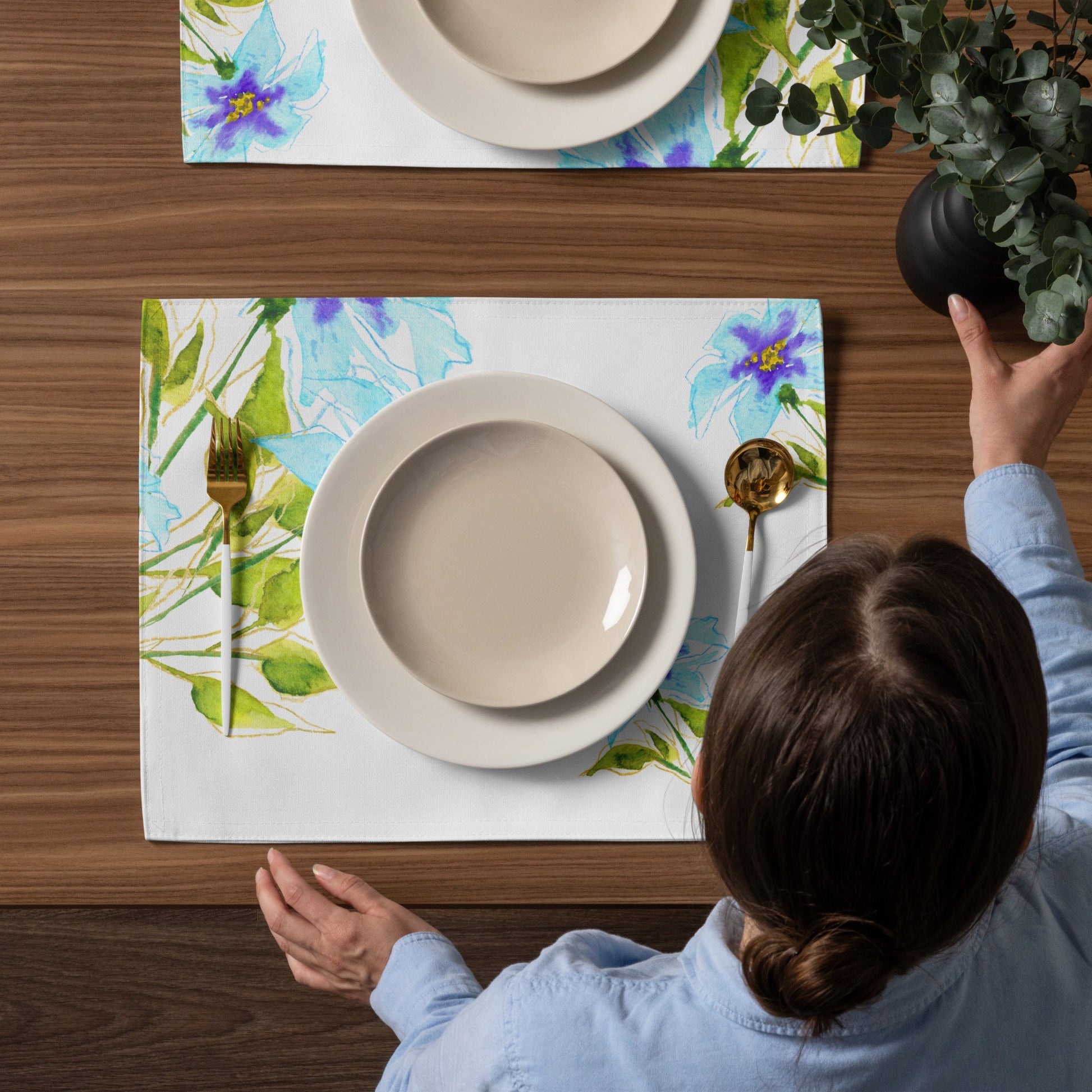 Aqua Bloom — Fine Art Polyester Placemats with Blue Floral Watercolor Print — 4-Pc Set #PSFL-1374