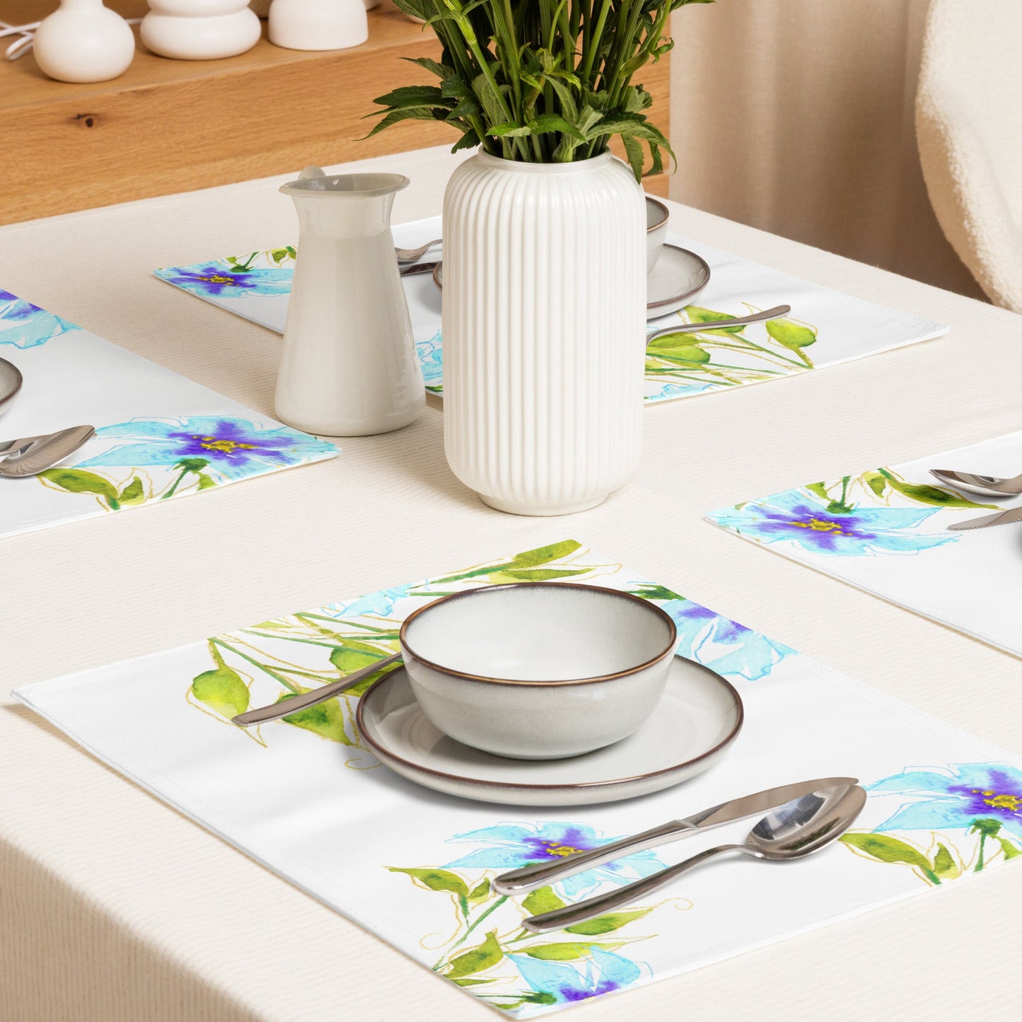 Aqua Bloom — Fine Art Polyester Placemats with Blue Floral Watercolor Print — 4-Pc Set #PSFL-1374