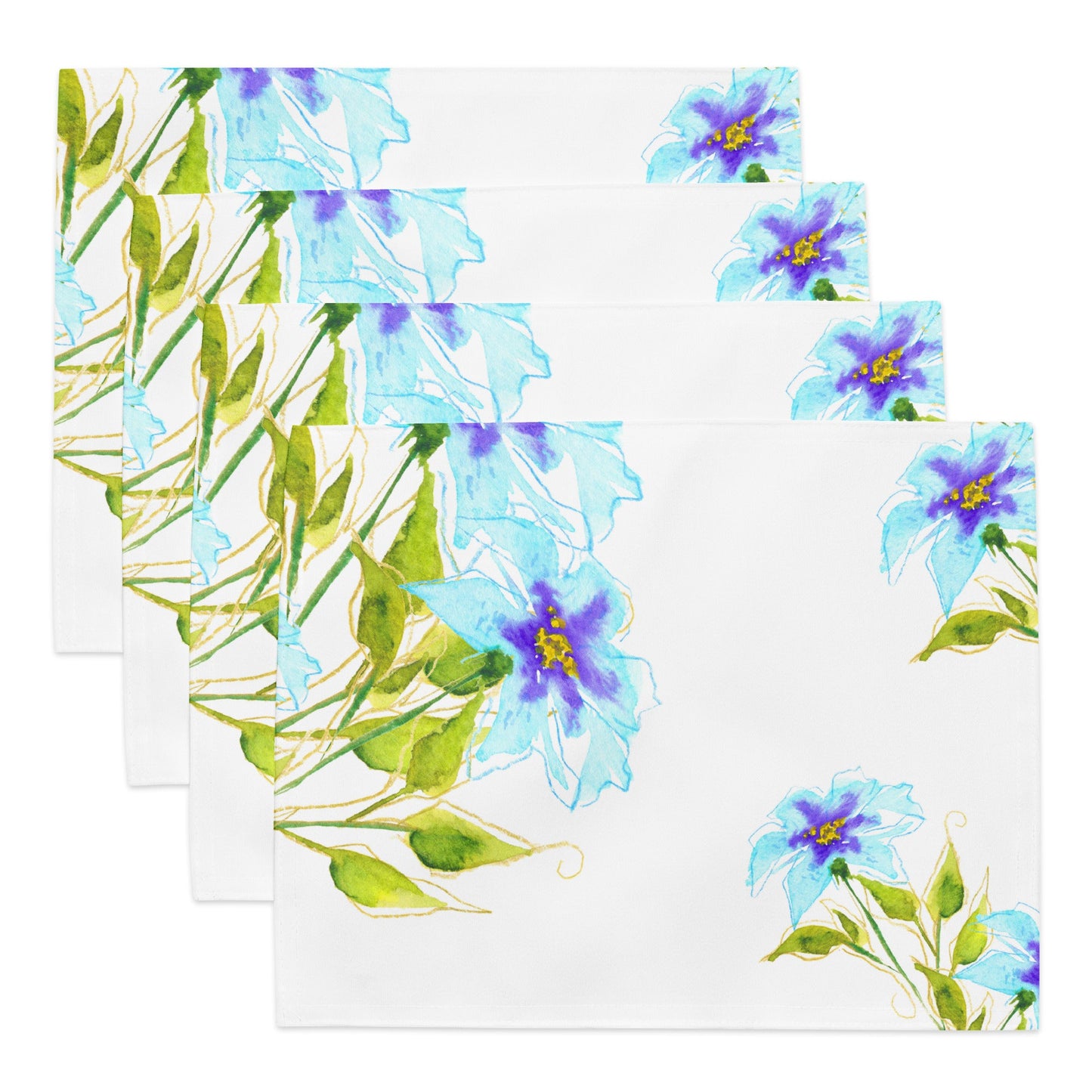 Aqua Bloom — Fine Art Polyester Placemats with Blue Floral Watercolor Print — 4-Pc Set #PSFL-1374