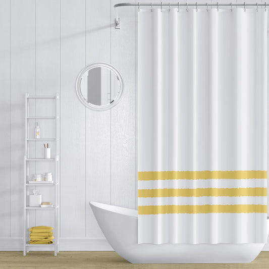 White Shower Curtain with Medium Yellow-gold Hand-painted Stripe Print | SC-1381-100