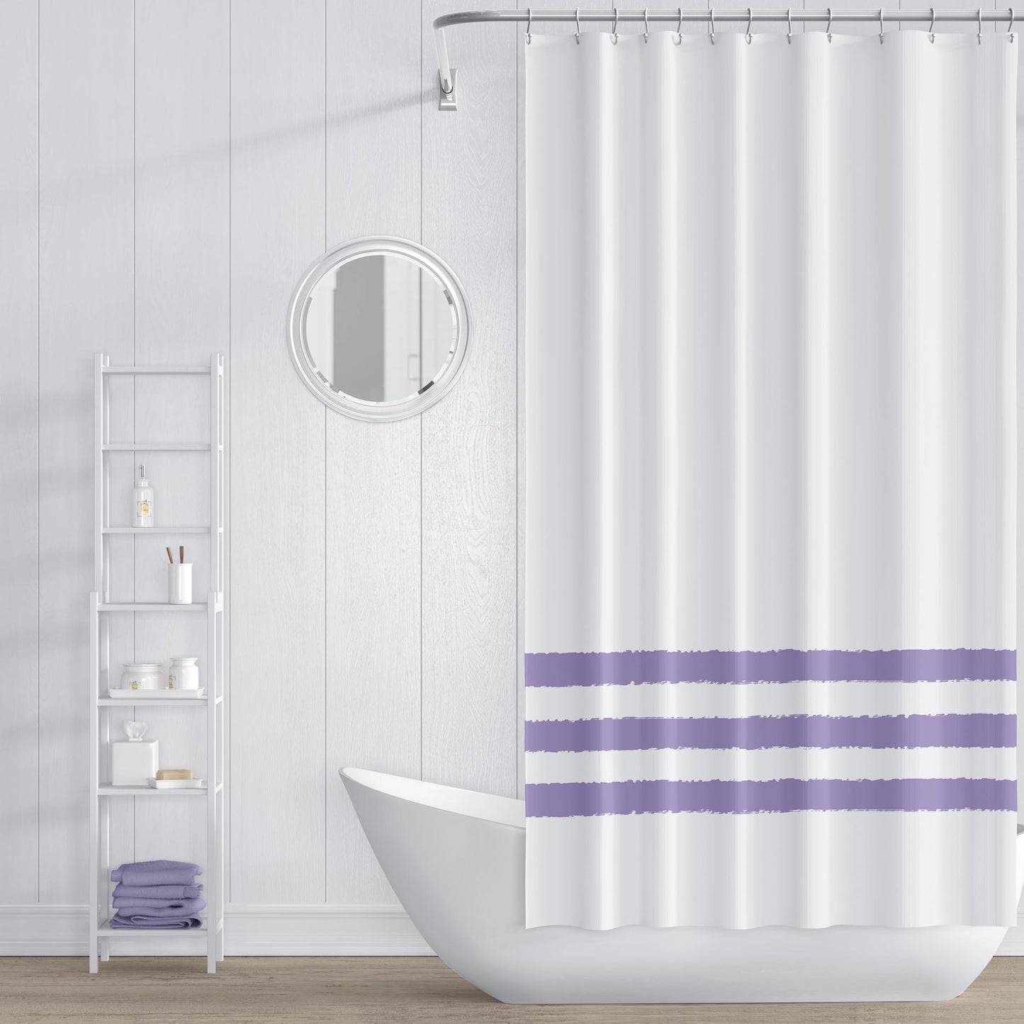 White Shower Curtain with Light Purple Hand-painted Stripe Print | SC-1382-375