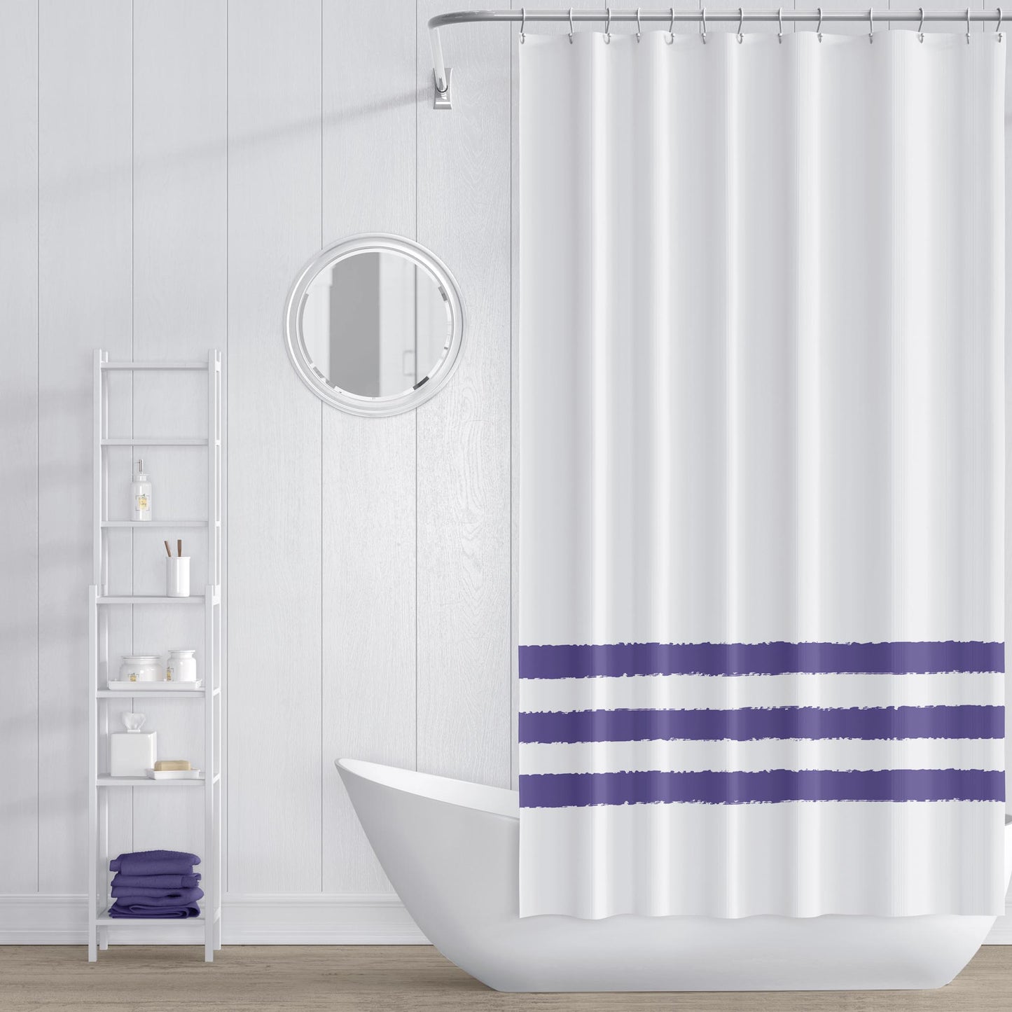 White Shower Curtain with Purple Hand-painted Stripe Print | SC-1382-475