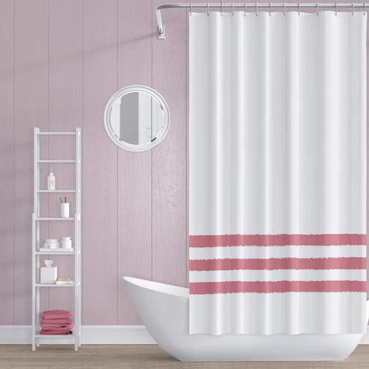 White Shower Curtain with Pink Coral Hand-painted Stripe Print | SC-1383-575