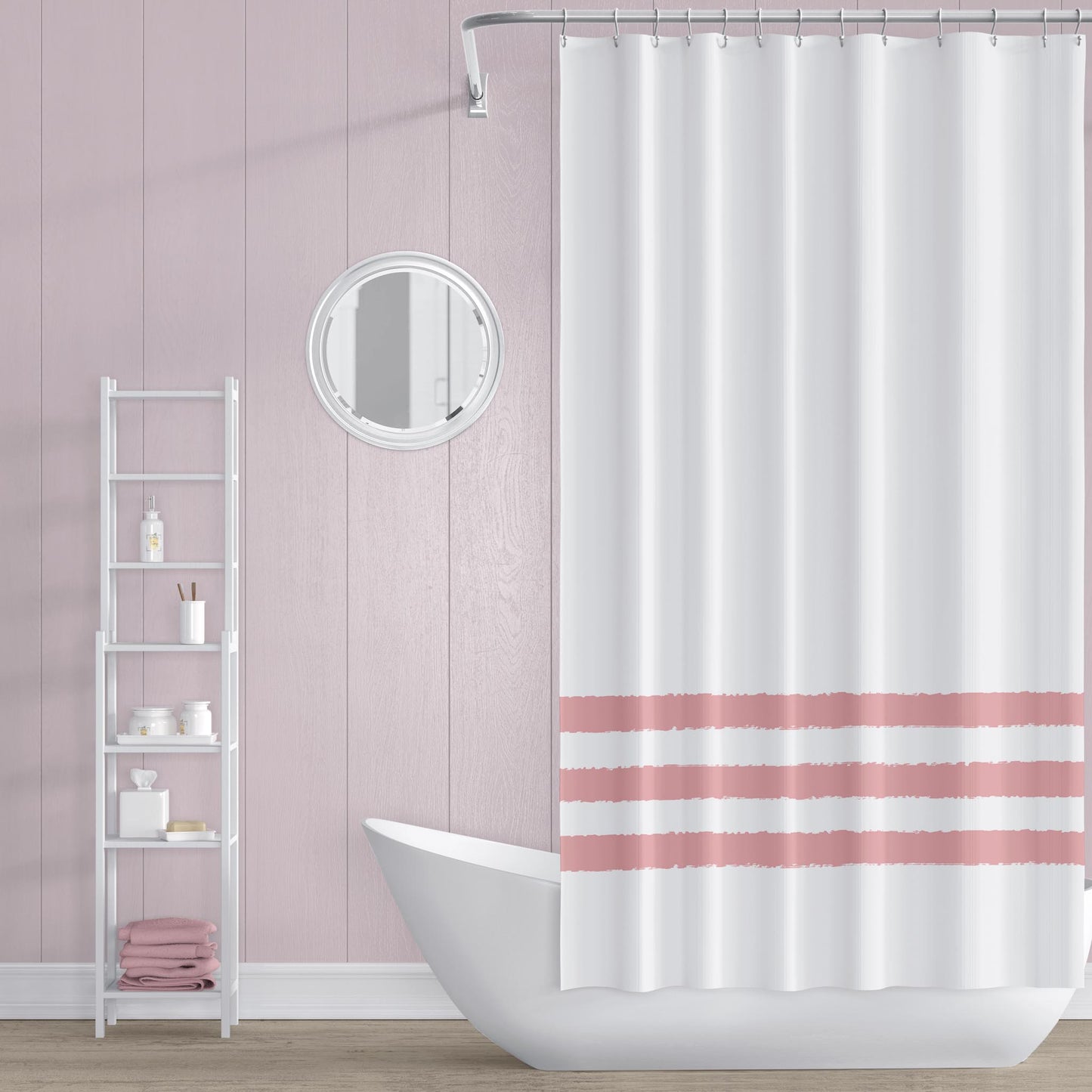 White Shower Curtain with Light Pink Coral Hand-painted Stripe Print | SC-1383-675
