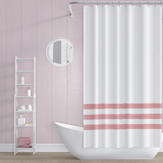 White Shower Curtain with Light Pink Coral Hand-painted Stripe Print | SC-1383-675