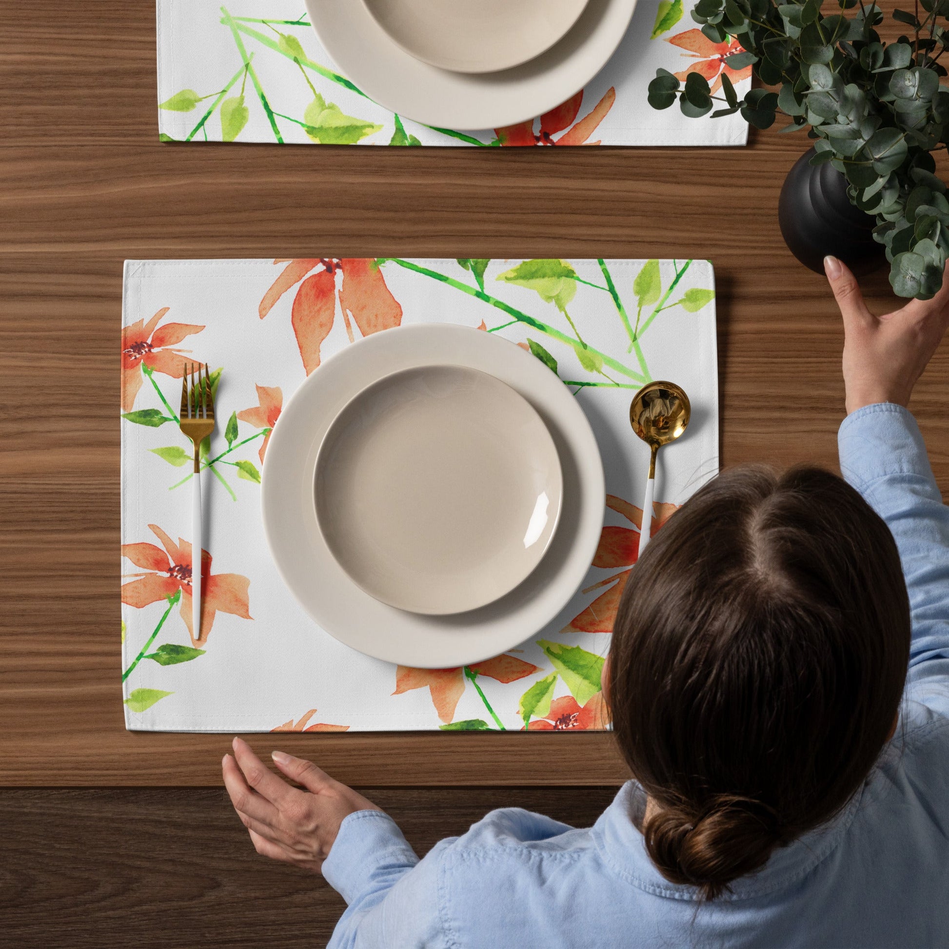 Peach Bloom — Fine Art Polyester Placemats with Orange Floral Watercolor Print — 4-Pc Set #PSFL-1384