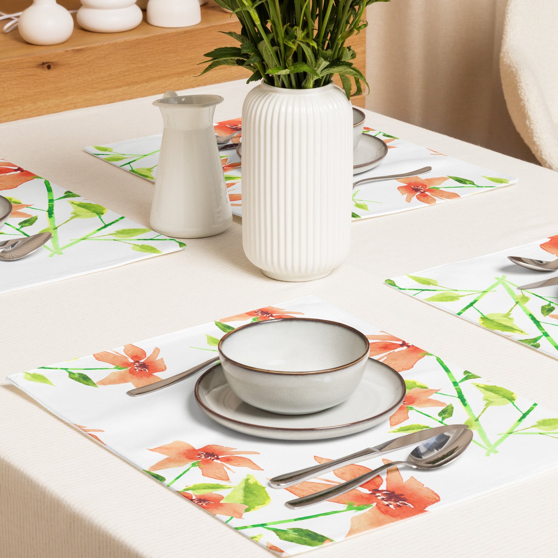 Peach Bloom — Fine Art Polyester Placemats with Orange Floral Watercolor Print — 4-Pc Set #PSFL-1384