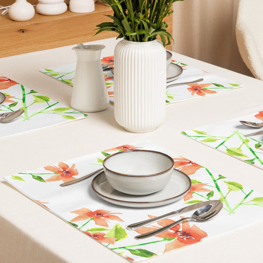 Peach Bloom — Fine Art Polyester Placemats with Orange Floral Watercolor Print — 4-Pc Set #PSFL-1384