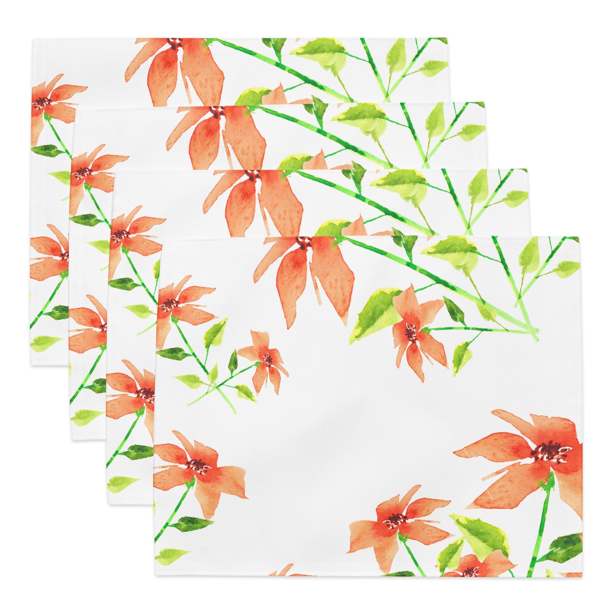 Peach Bloom — Fine Art Polyester Placemats with Orange Floral Watercolor Print — 4-Pc Set #PSFL-1384