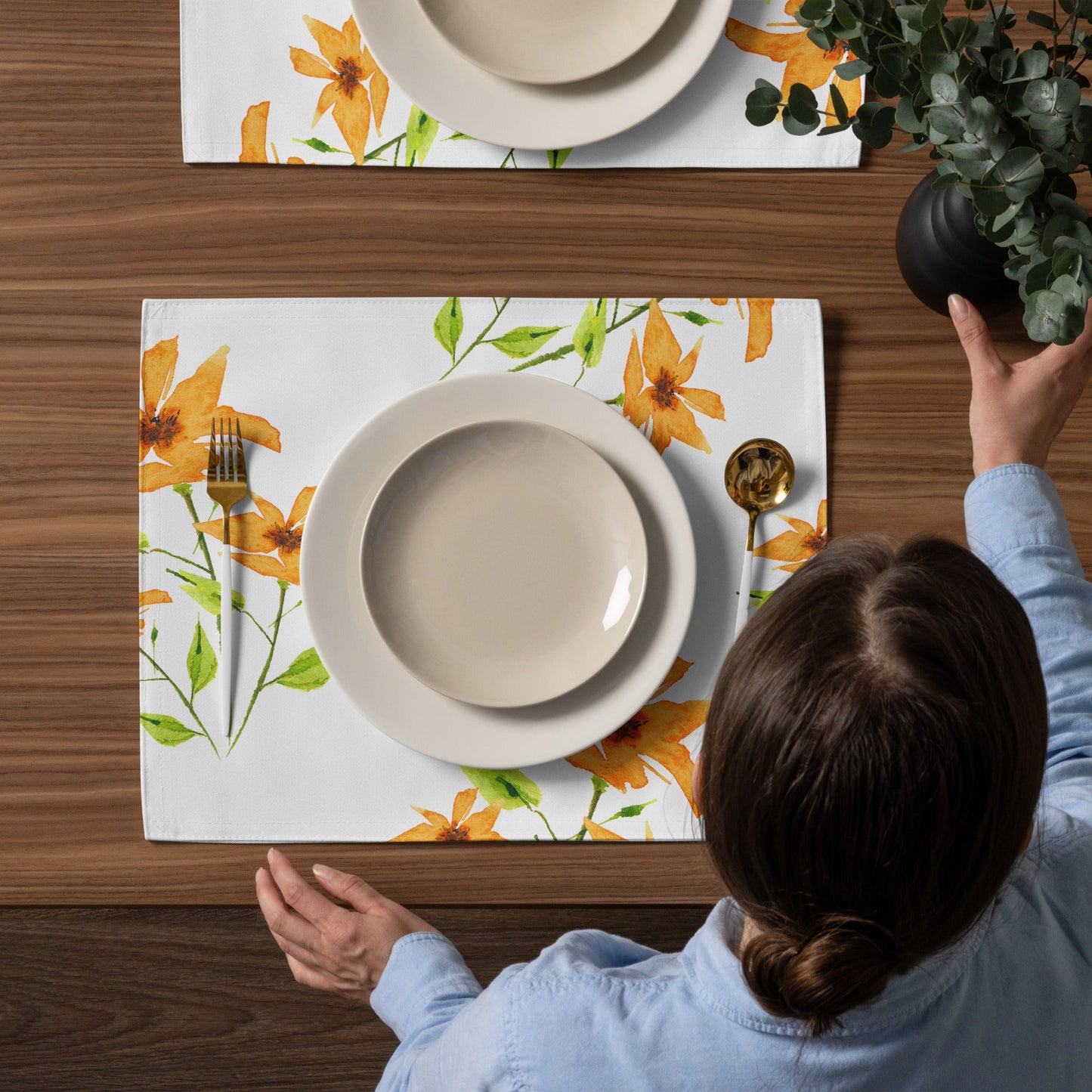 Citrine Bloom — Fine Art Polyester Placemats with Yellow-orange Floral Watercolor Print — 4-Pc Set #PSFL-1394