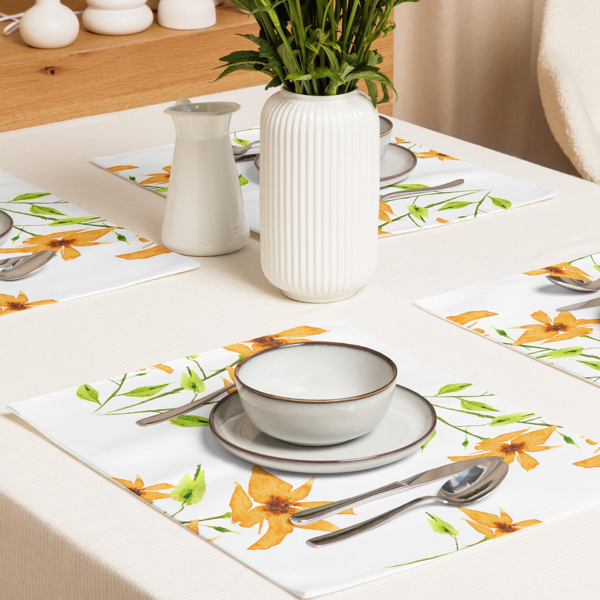 Citrine Bloom — Fine Art Polyester Placemats with Yellow-orange Floral Watercolor Print — 4-Pc Set #PSFL-1394