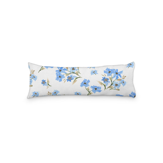 White Microfiber Body Pillow with Large Blue Floral Print, MFBP-1404, 20 x 54 inches