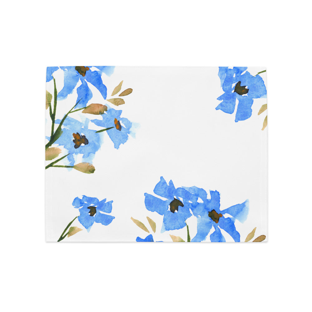 Cornflower Bloom — Fine Art Polyester Placemats with Blue Floral Watercolor Print — 4-Pc Set #PSFL-1404