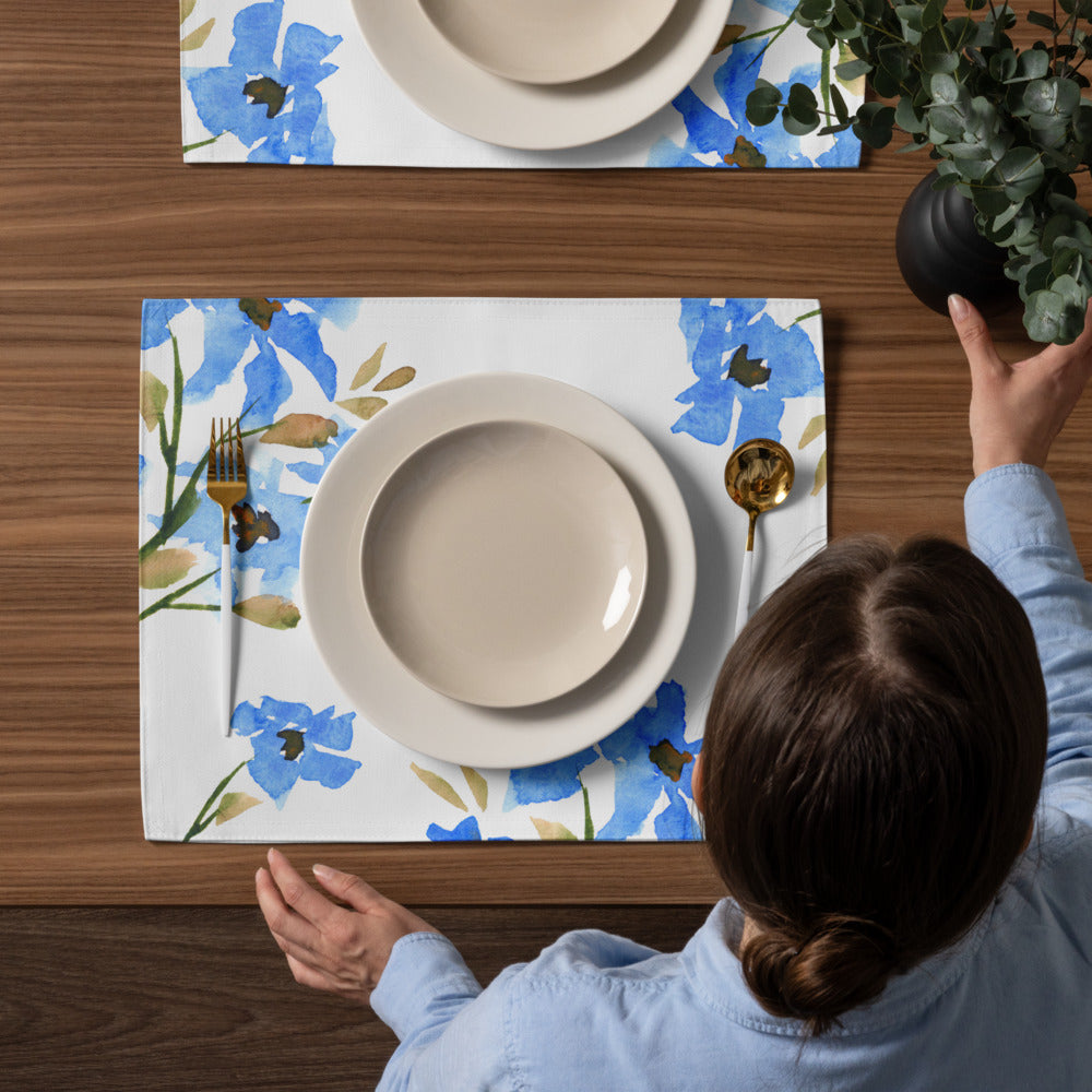 Cornflower Bloom — Fine Art Polyester Placemats with Blue Floral Watercolor Print — 4-Pc Set #PSFL-1404