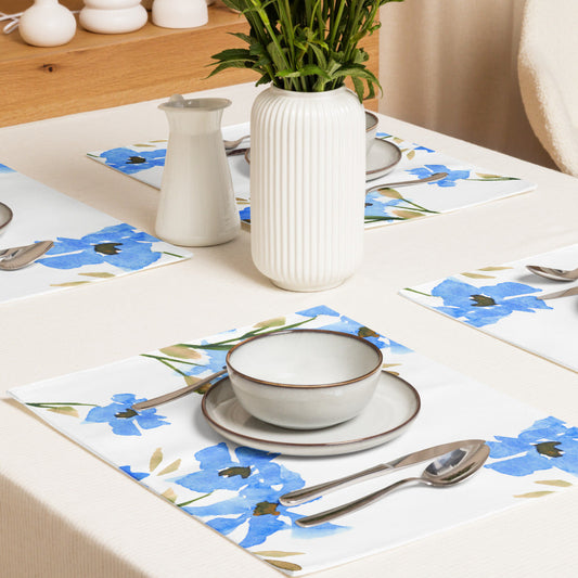 Cornflower Bloom — Fine Art Polyester Placemats with Blue Floral Watercolor Print — 4-Pc Set #PSFL-1404