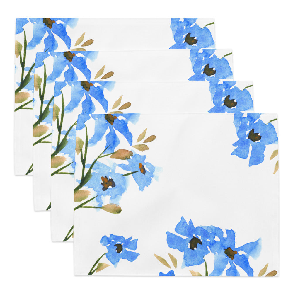 Cornflower Bloom — Fine Art Polyester Placemats with Blue Floral Watercolor Print — 4-Pc Set #PSFL-1404