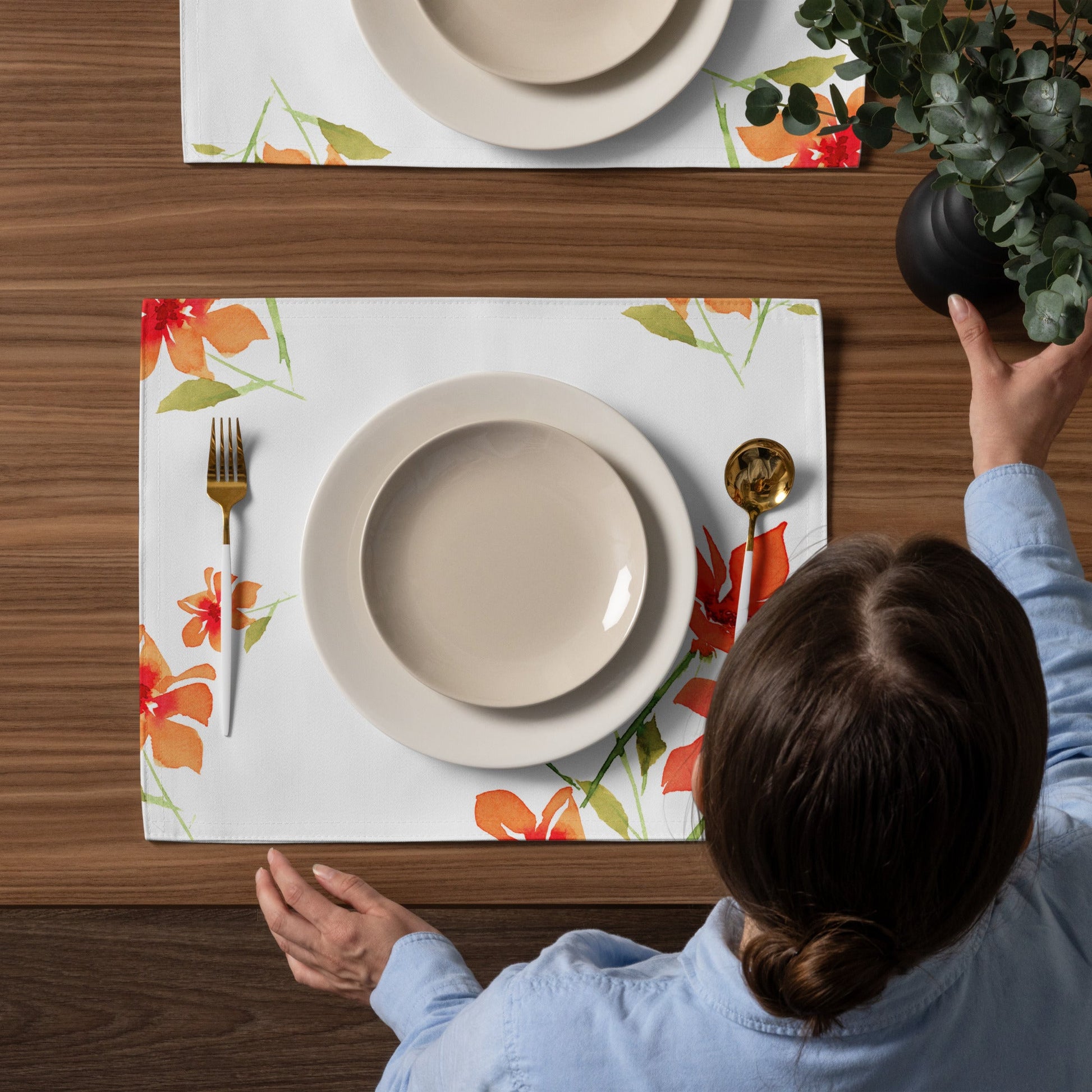 Flame Bloom — Fine Art Polyester Placemats with Red Floral Watercolor Print — 4-Pc Set #PSFL-1414