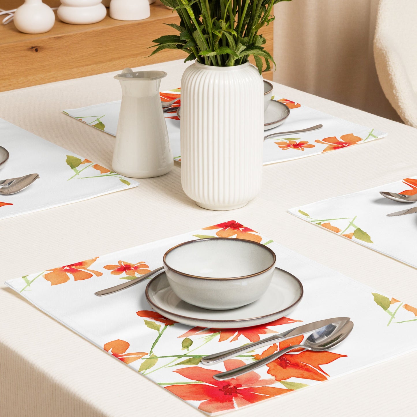 Flame Bloom — Fine Art Polyester Placemats with Red Floral Watercolor Print — 4-Pc Set #PSFL-1414