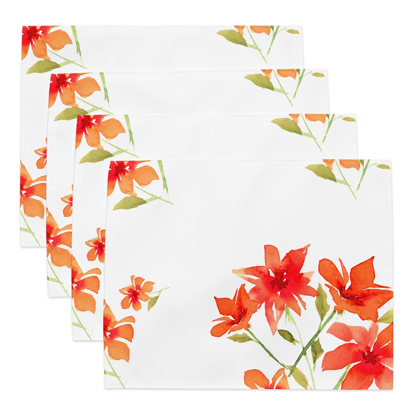 Flame Bloom — Fine Art Polyester Placemats with Red Floral Watercolor Print — 4-Pc Set #PSFL-1414