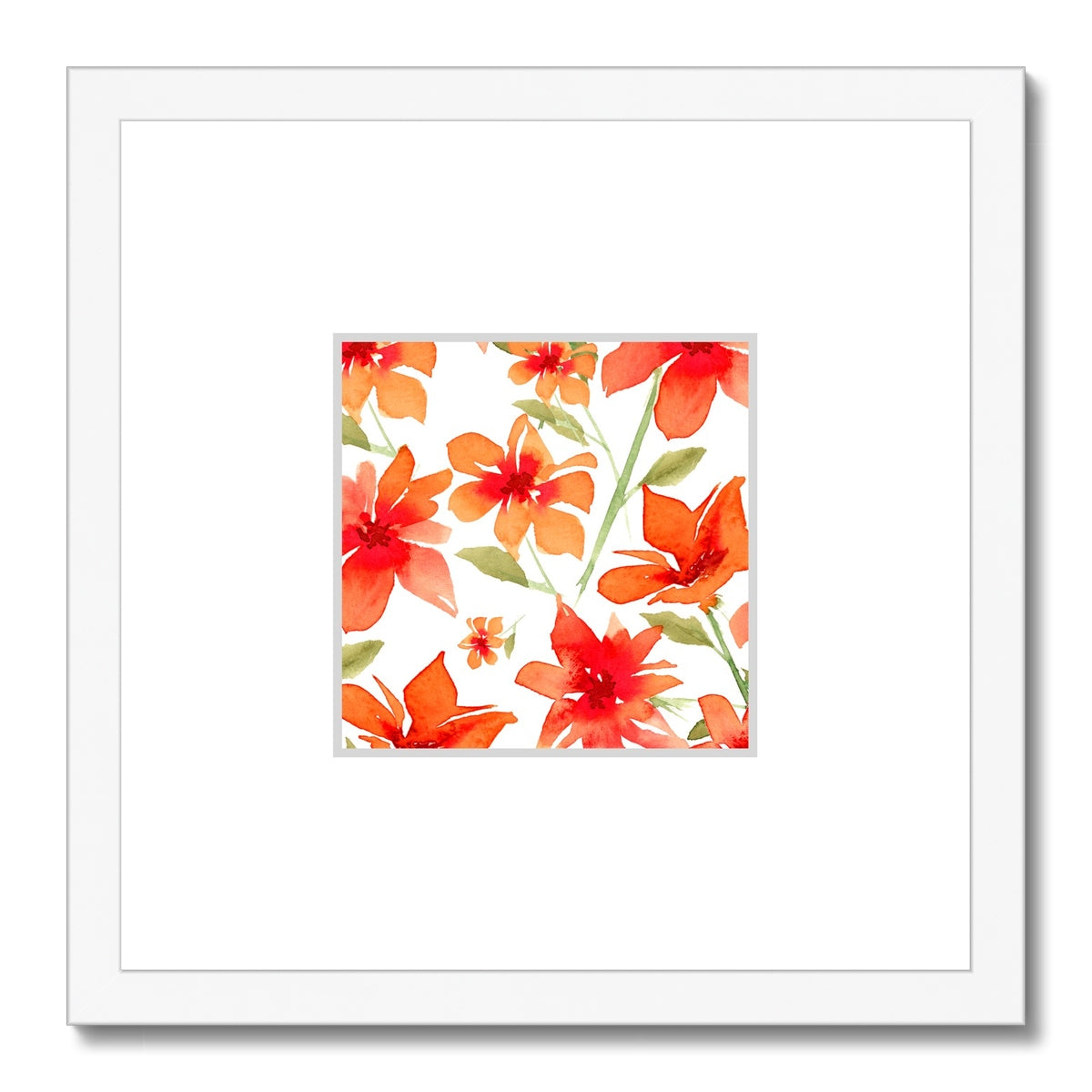 Framed Fine Art Print, Faux Mat - 12x12 inches | Red Floral Watercolor, fms-1410-001