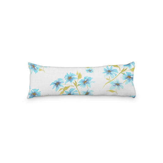 White Microfiber Body Pillow with Large Blue Floral Print, MFBP-1434, 20 x 54 inches
