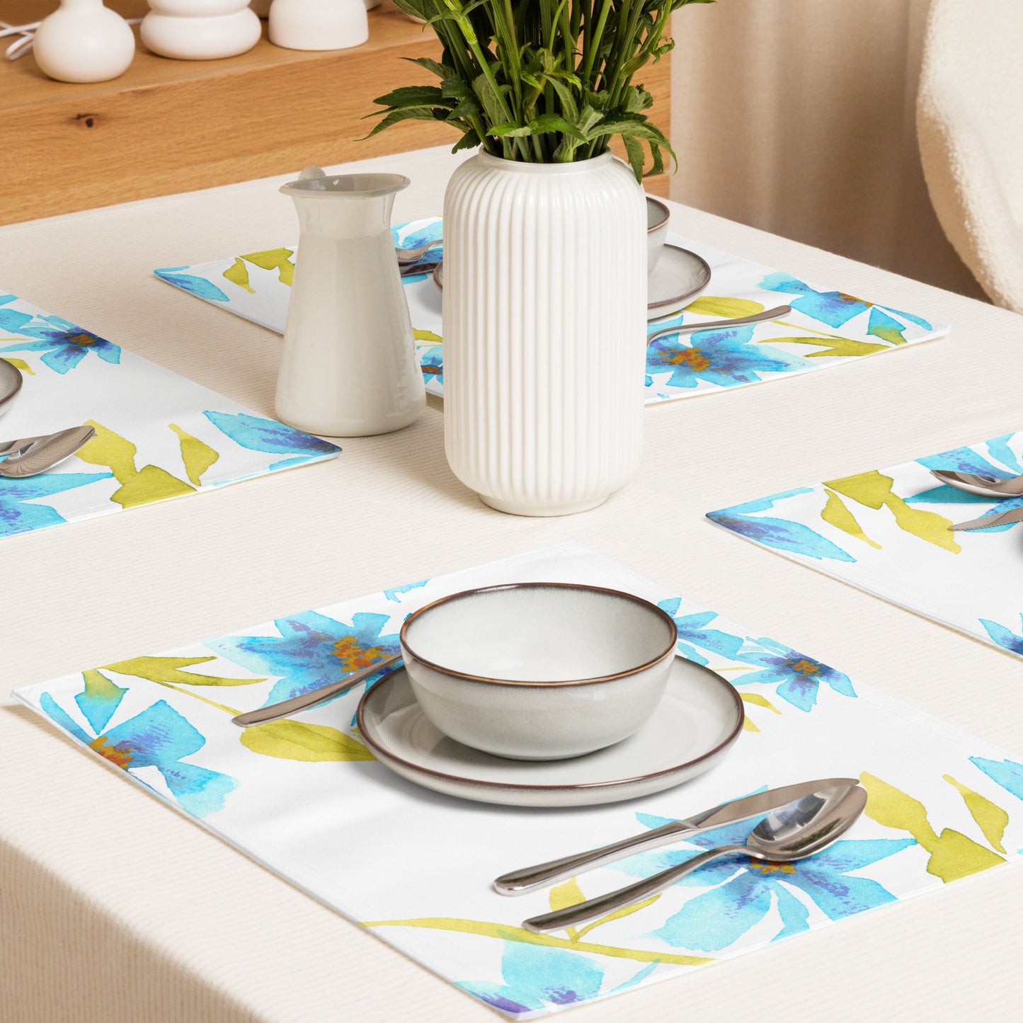 Cerulean Bloom — Fine Art Polyester Placemats with Blue Floral Watercolor Print — 4-Pc Set #PSFL-1434